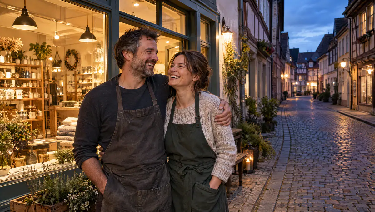 Inhaberpaar vor seinem Laden in der abendlichen Altstadt