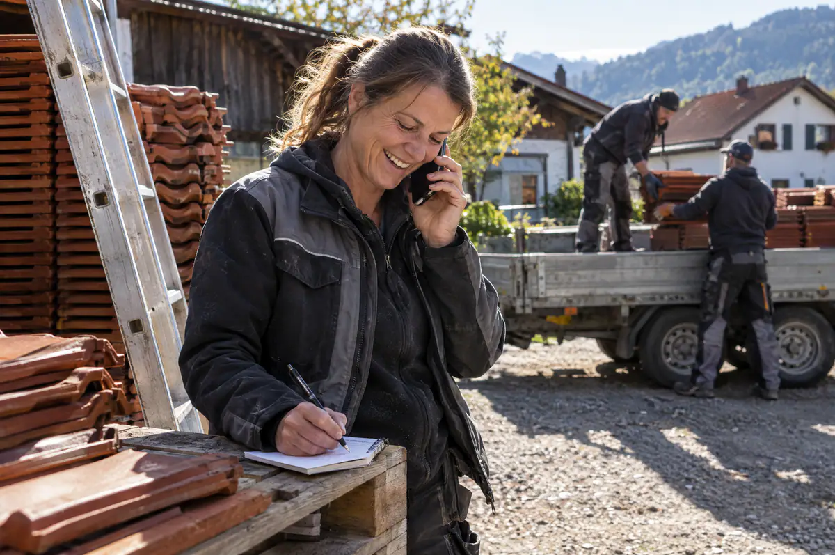 Dachdeckermeisterin nimmt am Telefon einen neuen Auftrag an