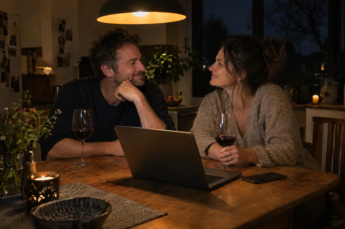 Paar sitzt abends am Küchentisch vor dem Laptop und bespricht eine Entscheidung