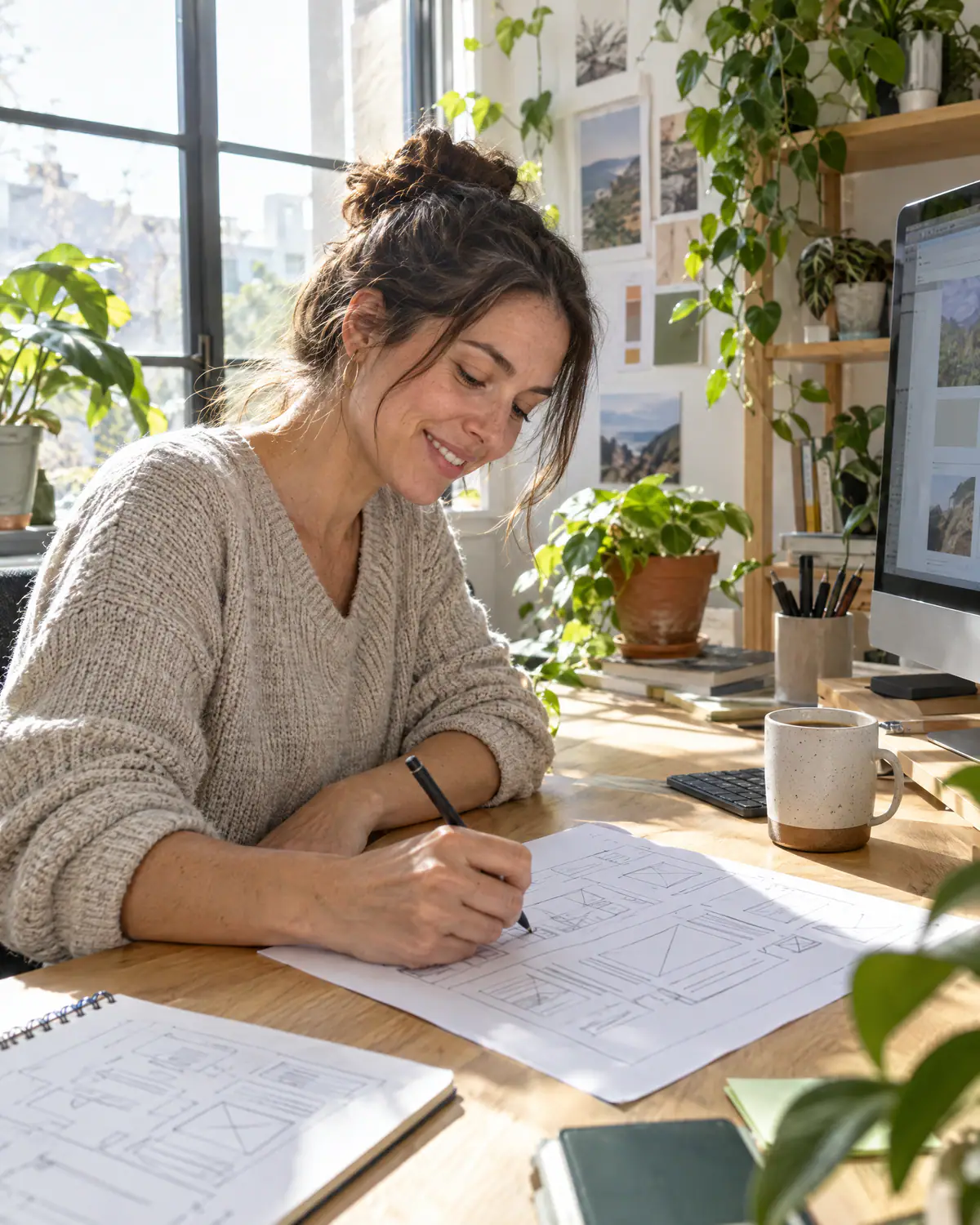 Gestalterin arbeitet lächelnd an einem Entwurf am Bildschirm