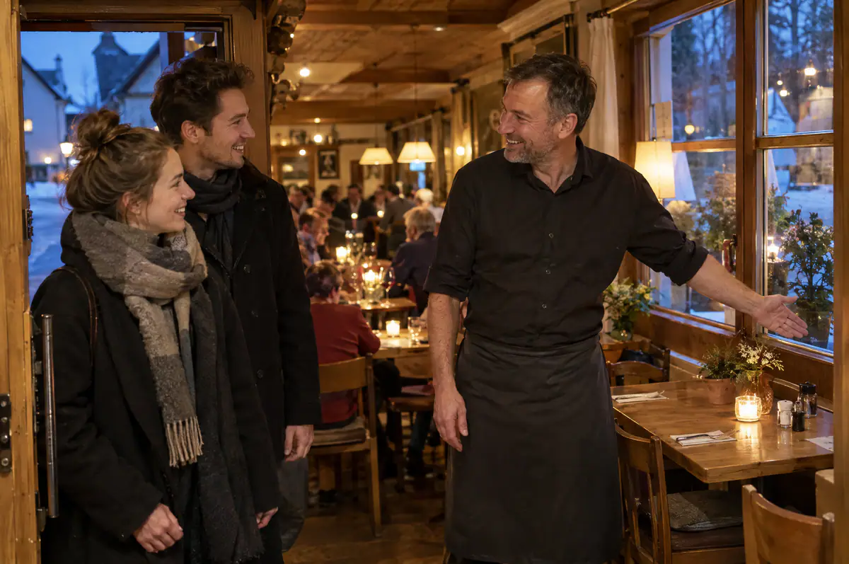 Wirt begrüßt ein junges Paar am Eingang seines Restaurants