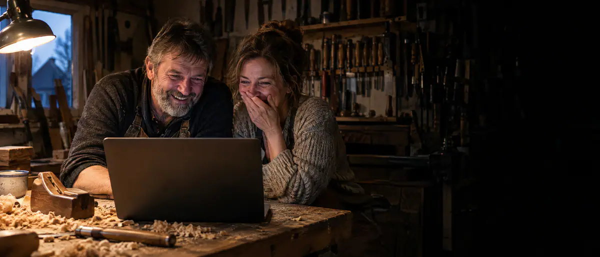Schreinermeister und seine Frau freuen sich abends in der Werkstatt über etwas auf dem Laptop