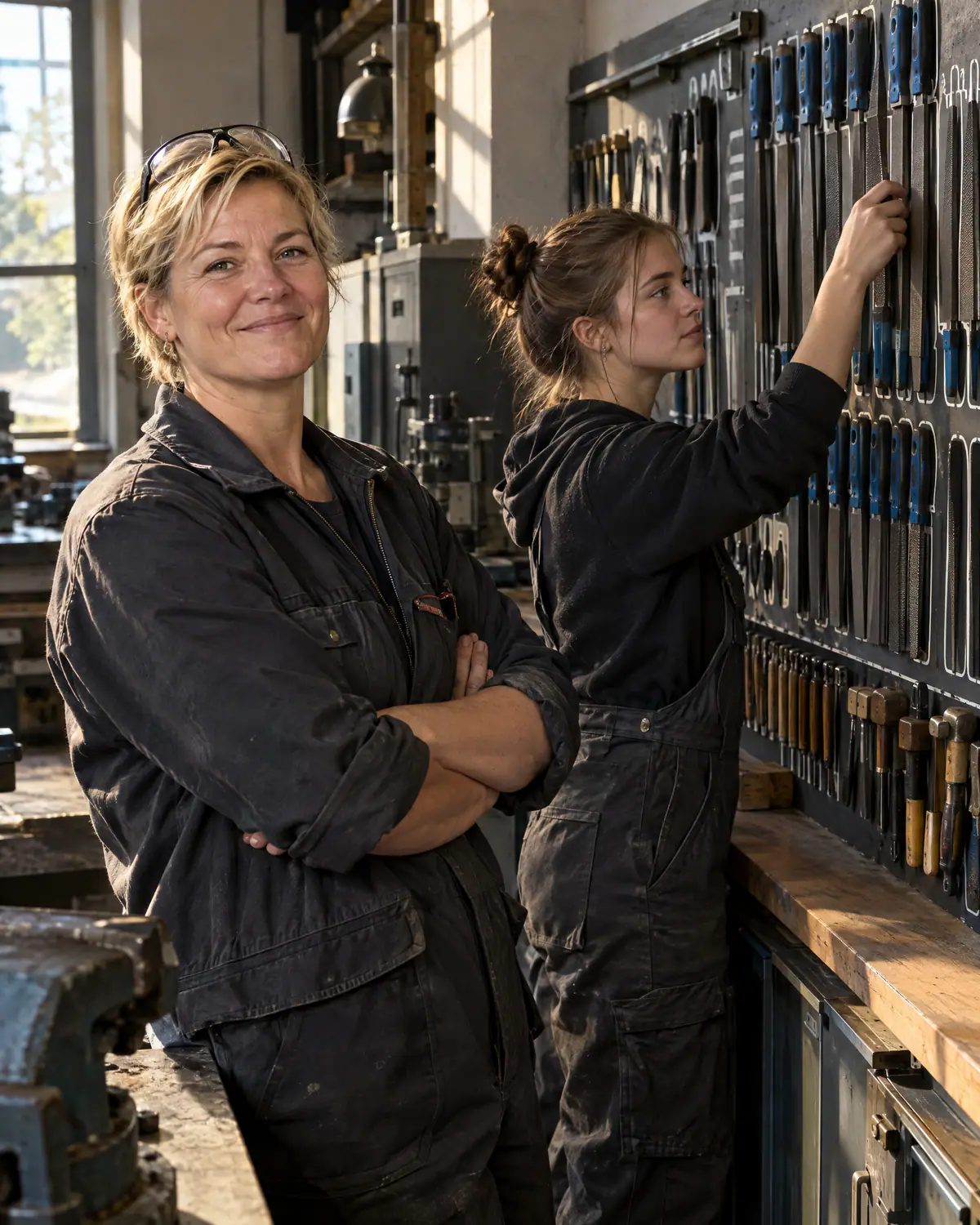 Auszubildende an der sortierten Werkzeugwand