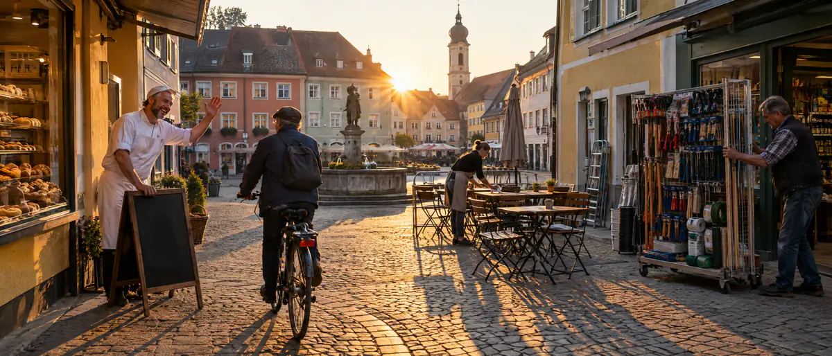 Ladeninhaber öffnen morgens ihre Geschäfte am Marktplatz einer Kleinstadt